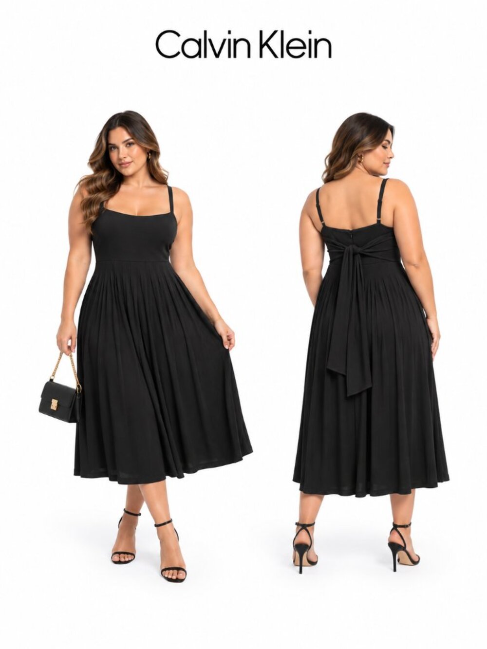 Calvin Klein Black Tie Back Pleated Midi Dress CD7A1312 Sleeveless Square Neck12